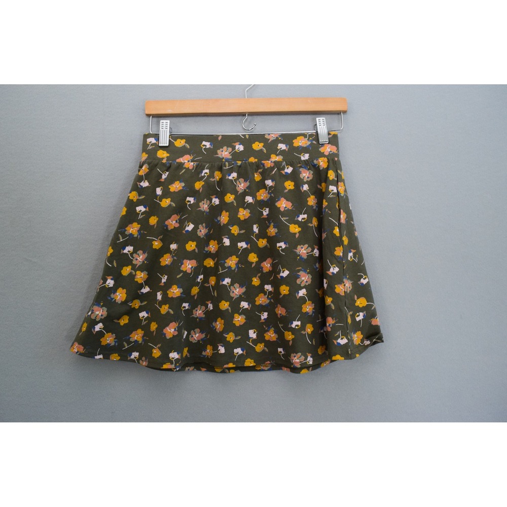 Pact Floral  Skirt Small Olive Green Organic Cotton A-Line Womens Casual Pockets